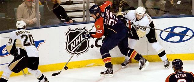 Florida Panthers' Cullimore battling for the puck vs the Penguins, 1/28/2008.