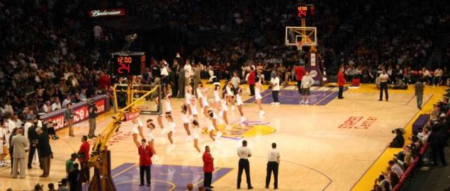 Cheerleaders perform during a LA Lakers game in Staples Center in 2008.