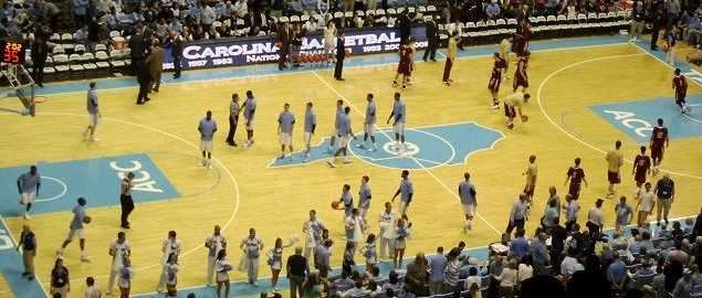 The 2011-12 North Carolina Tar Heels return to the court after halftime.